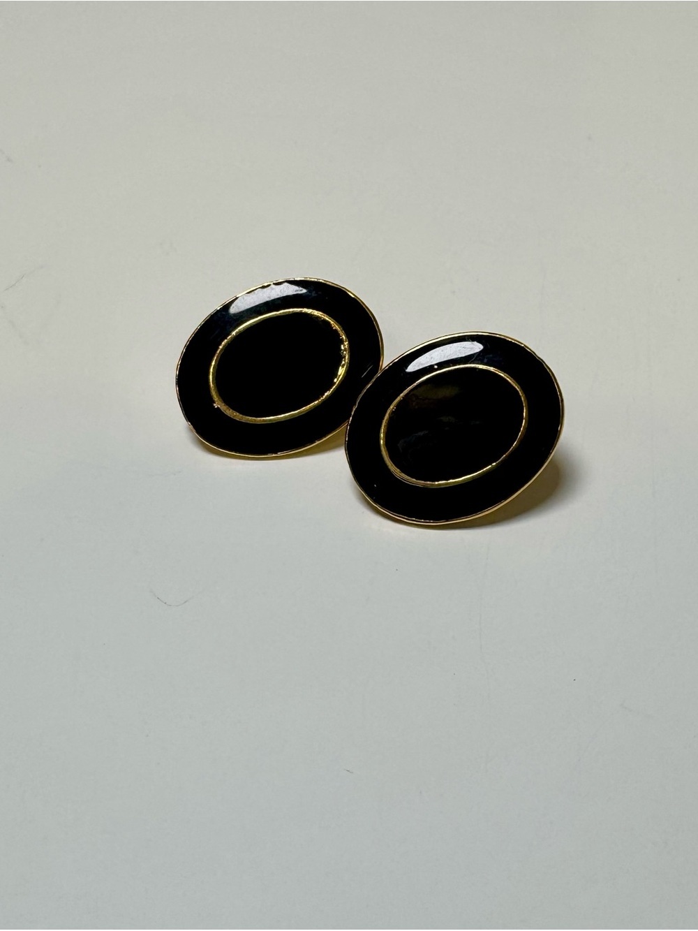 Black Enamel Oval Clip-On Earrings with Gold Trim